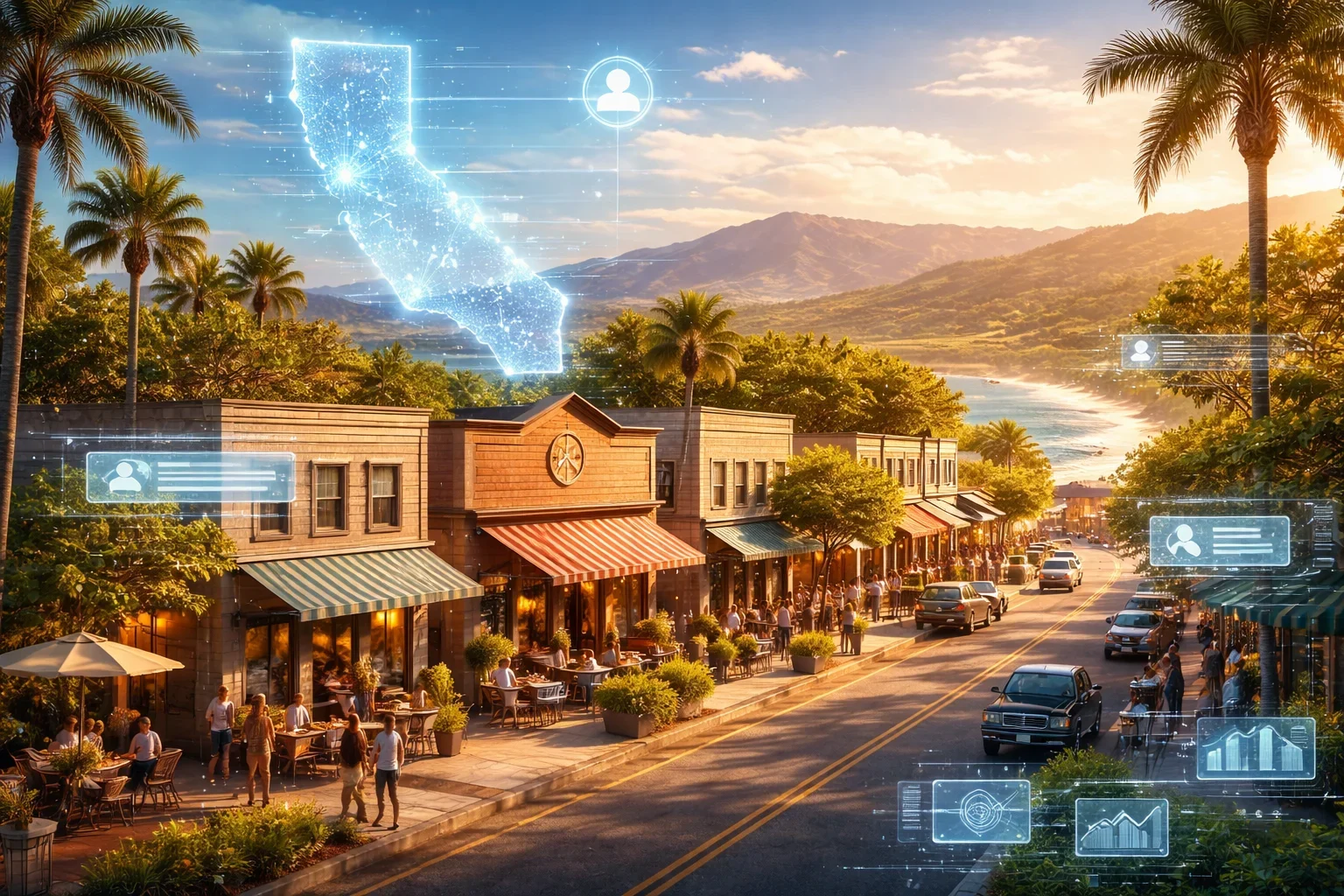 A picturesque California street with AI integration visuals